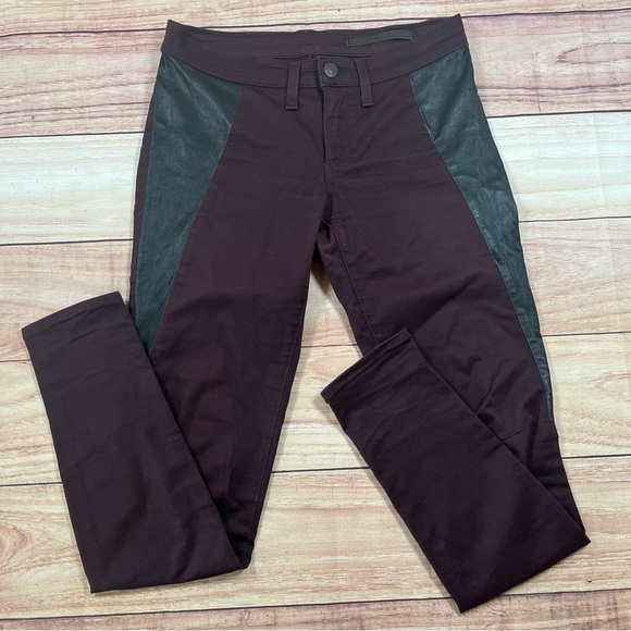 Rag & Bone Skinny Jeans Burgundy Wine With Black Leather Side Panel Size 26 Flaw - Picture 1 of 11